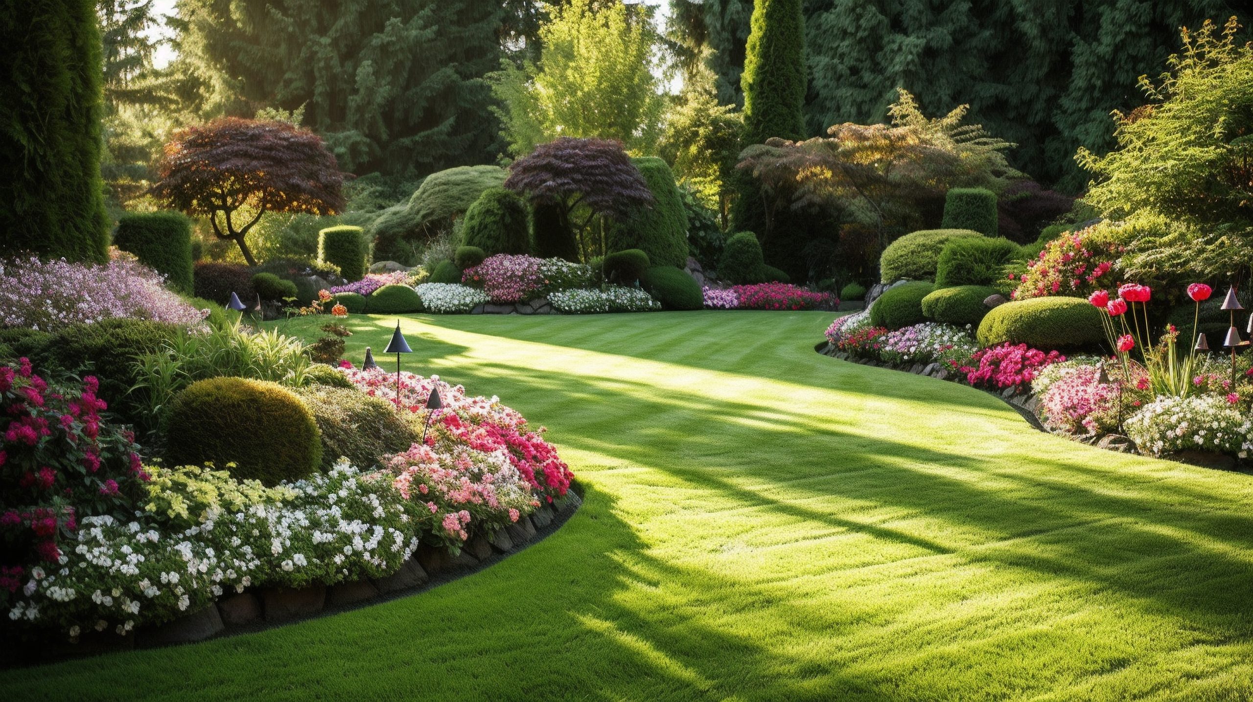Manicured lawn with striped mowing and colourful flower beds